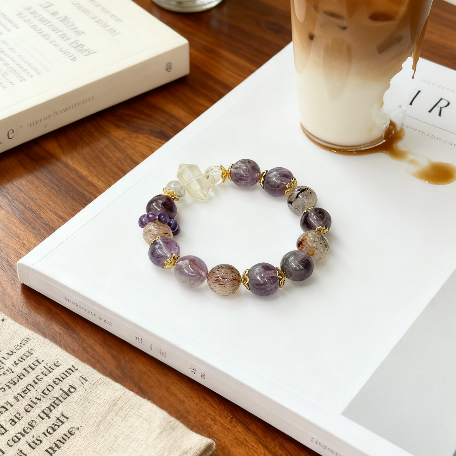 Purple Crystal Elegance Bracelet with Stunning Purple-Hued Crystals Delicate Gold Accents Unique Crystal Shapes Natural Beauty One-of-a-Kind Design