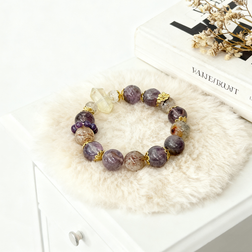 Purple Crystal Elegance Bracelet with Stunning Purple-Hued Crystals Delicate Gold Accents Unique Crystal Shapes Natural Beauty One-of-a-Kind Design