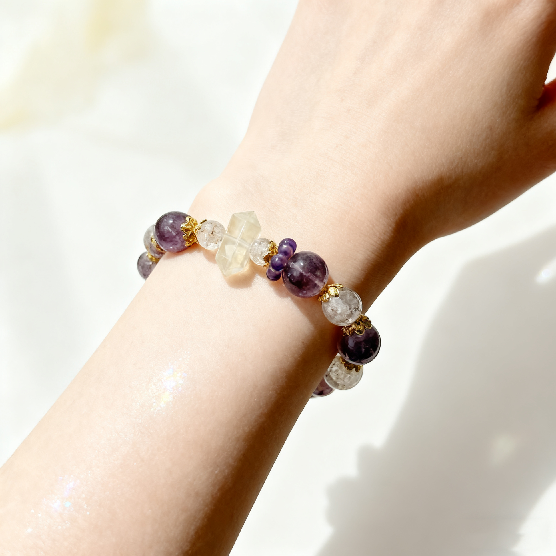 Purple Crystal Elegance Bracelet with Stunning Purple-Hued Crystals Delicate Gold Accents Unique Crystal Shapes Natural Beauty One-of-a-Kind Design